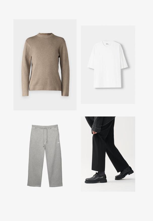 Bež džemper s okruglim izrezom, dugim rukavima, rebrastim manžetama i mekim, teksturiranim materijalom. Ima jednostavan dizajn i opušteni kroj.; Bijela kratkodlana majica s kratkim rukavima, izrađena od pamuka, s okruglim izrezom i opuštenim krojem. Gladak materijal, bez vidljivih uzoraka ili akcenta.; Sive trenerke od mekanog materijala s elastičnim pojasom, podesivom vezicom i bočnim džepovima. Ima mali bijeli logo.; Crne kožne cipele s okruglim nosom, dizajnom na vezivanje i debelim, teksturiranim potplatom. Nosive s krojenim crnim hlačama i rebrastim puloverom.