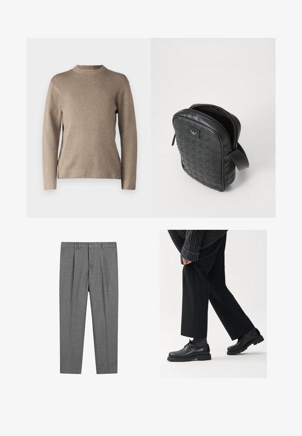 Beige Pullover mit Rundhalsausschnitt, langen Ärmeln, gerippten Bündchen und einem weichen, strukturierten Stoff. Hat ein schlichtes Design und eine lockere Passform.; Grau maßgeschneiderte Hose mit strukturiertem Gewebe, flacher Vorderseite, gebügelten Beinen, Gürtelschlaufen und normalem Bund.; Schwarze Lederschuhe mit einer runden Spitze, Schnürdesign und dicker, strukturierter Sohle. Getragen mit maßgeschneiderten schwarzen Hosen und einem gerippten Pullover.; Schwarz, strukturiert, Lederhandtasche mit geometrischem Muster, rechteckiger Form, oberem Reißverschluss und kurzem Tragegriff. Verfügt über ein Logo-Patch auf der Vorderseite.; Timex-Armbanduhr mit silbernem Zifferblatt, schwarzen Stundenmarkierungen und Stahlgehäuse. Sie verfügt über ein strukturiertes schwarzes Lederarmband. Einfaches, elegantes Design.