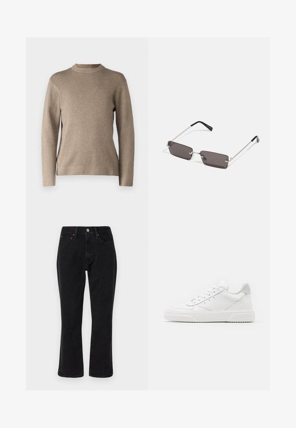 Bežs džemperis ar apaļu apkakli, garām piedurknēm, ribu aprocēm un mīksta, teksturēta auduma. Iezīmē vienkāršu dizainu un brīvu piegriezumu.; Melnu denim džinsi ar taisnām kājām, piecu kabatu stilu un metāla detaļām ar varšos akcentiem. Gluda tekstūra un vidēja augstuma.; Baltie ādas sporta apavi ar gludu virsmu, noapaļotu purngalu, plakaniem šņorēm un reljefa zoli. Pelēks zamšādas akcenti pie papēža.; Saulesbrilles ar taisnstūra formas, tumši pelēkiem stikliem, sudraba metāla rāmjiem un melnām plastikāta galviņām uz kājiņām. Viegls dizains ar deguna spilventiņiem.