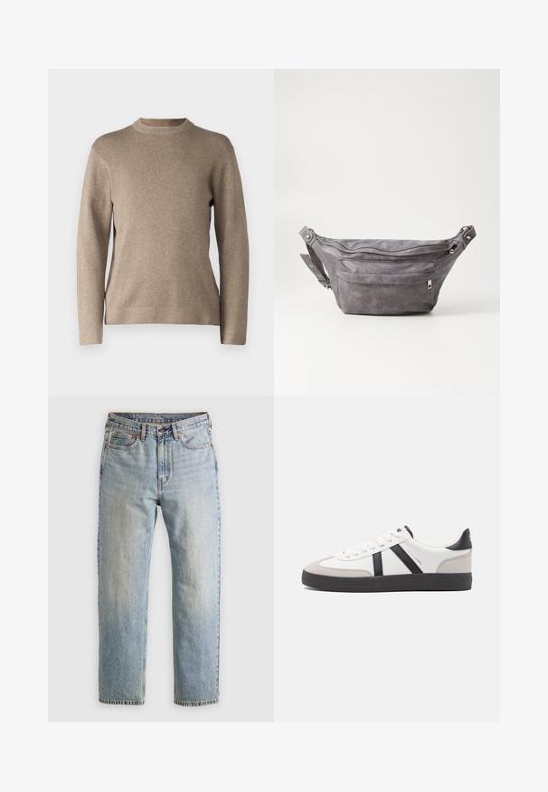 Béžový svetr s kulatým výstřihem, dlouhými rukávy, žebrovanými manžetami a měkkou, texturovanou tkaninou. Představuje jednoduchý design a volný střih.; Svetle modré džíny z denimu s vysokým pasem, předním knoflíkem, zipem a designem s pěti kapsami, ležící rovně na neutrálním pozadí.; Bílé tenisky s černými a šedými akcenty, opatřené texturovaným šedým prstovým krytem, černou gumovou podrážkou a plochými bílými tkaničkami. Čistý design, minimalistický styl.; Šedý semišový ledvinka s kulatým tvarem, dvěma zipovými přihrádkami a nastavitelným popruhem. Obsahuje kovové akcenty.