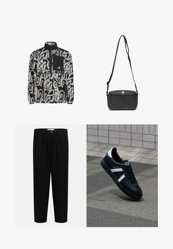 Zwart-wit fleece pullover met abstract patroon, half-zip sluiting en een zwarte borstzak met logo patch.; Zwarte, recht gesneden broek met een hoge taille, riemlussen, voorplooien, zijzakken en een knoopsluiting in de tailleband.; Zwarte leren sneaker met witte strepen, een gestructureerde rubberen zool en vetersluiting aan de voorkant. Voorzien van een merklabel op de tong.; Zwarte leren schoudertas met een ritssluiting, reliëflogo aan de voorkant en een verstelbare schouderriem. Gladde textuur met een rechthoekige vorm.
