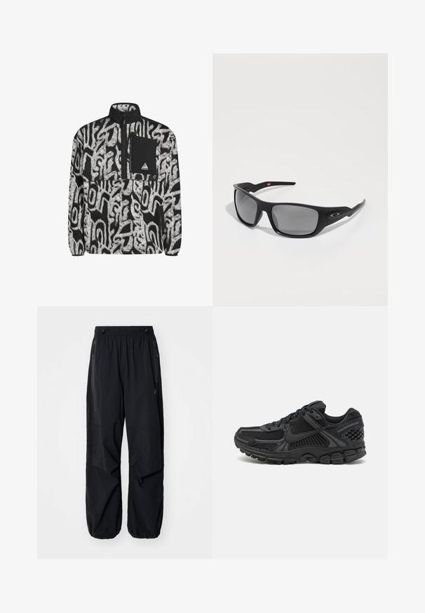 Pullover in pile bianco e nero con motivo astratto, chiusura a mezza zip e tasca sul petto nera con patch del logo.; Pantaloni cargo leggeri neri con elastico in vita, zip laterali e tasche ampie. Caratterizzati da una vestibilità comoda e fondi a gamba affusolata.; Scarpa sportiva nera con tomaia in mesh, suola in gomma e dettagli testurizzati. Il design include un sistema di allacciatura pronunciato e una suola imbottita.; Occhiali da sole neri con finitura opaca, lenti rettangolari e tonalità grigia. Presentano un logo sul lato e un design delle aste liscio e curvato.