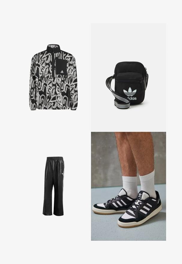 Czarny i biały polarowy sweter z abstrakcyjnym wzorem, z półzamkiem oraz czarną kieszenią na piersi z naszywką logo.; Czarne syntetyczne spodnie dresowe z elastycznym pasem, z białymi paskami po bokach i małym białym logo na lewym biodrze.; Czarno-białe sneakersy z zamszową i skórzaną cholewką, z trzema białymi paskami, perforowanym czubkiem i gumową podeszwą w kolorze gumy.; Czarna torba crossbody wykonana z materiału, z zamknięciem na zamek błyskawiczny, z białym logo Adidas oraz regulowanym paskiem w paski, co ułatwia noszenie.