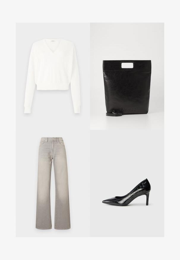 Hvit kortermet genser med v-halsdesign, laget av teksturert nettingstoff, med lange ermer og ribbede mansjetter.; Grå vide ben jeans med en falmet finish, knaplukning, fem-lomme design og stikninger langs sømmen.; Sorte spisse høye hæler med en blank finish og et subtilt teksturmønster. Har en moderat hæl og åpen halsdesign.; Svart lær tote veske med firkantet håndtak, med teksturert overflate og preget logo. Inkluderer en avtagbar stropp.