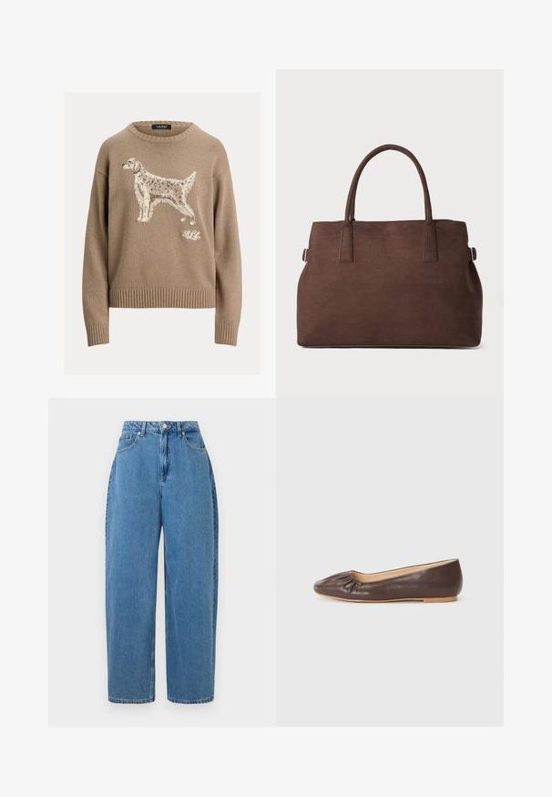 Beige strikkegenser med et teksturert hundedesign foran og ribbede mansjetter og kant. Merkevarenavnet vises i hvitt nederst til høyre.; Lyseblå denimbukser med rett passform, høy midje og frontlukking med knapp. Har fem lommer og minimale sømdetaljer.; Brune lær balletflad med rund tå, samlet detalj foran og en flad, lys sål.; Brun faux suede tote bag med to robuste håndtak, en strukturert form og minimalistisk design, med subtile søm detaljer.