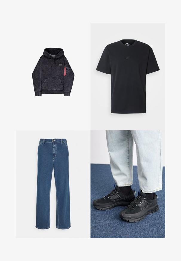 Sudadera negra melange con bolsillo tipo canguro, capucha ajustable con cordón, parche del logo en el pecho y bolsillo lateral con detalle de etiqueta roja.; Camiseta negra de algodón de Nike con un clásico cuello redondo, mangas cortas y un sutil logo en relieve en el pecho. Textura suave.; Vaqueros de mezclilla azul con corte recto, diseño de cinco bolsillos, cierre de botón metálico y costuras visibles a lo largo de las costuras y el dobladillo.; Zapatillas deportivas negras con tejido texturizado y suelas de goma, con cordones elásticos y un acento azul en el talón. Combinadas con pantalones de mezclilla claros.