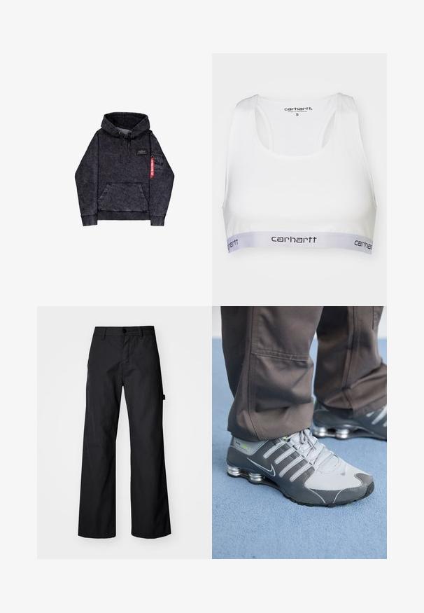 Mustaa melange-hoodieta, jossa on kengurupussi, säädettävä nyörihuppu, logopatchi rinnassa ja sivutasku, jossa on punainen tarra.; Valkoinen urheiluliivi, jossa on sileä kangas, urheilullinen takana oleva muotoilu ja harmaa joustava vyö, jossa on Carhartt-logo mustana. Koko pieni.; Mustat, leveälahkeiset housut kestävästä kankaasta. Varustettu nappisulkeumalla ja sivutaskuilla. Sujuva pinta ja siisti muotoilu.; Harmaat ja hopeiset Nike Shox -tennarit ovat tyylikkään muotoilun omaavia, joissa on verkko- ja synteettisiä materiaaleja, pyöreä kärki ja pehmustettu nilkkareunus.