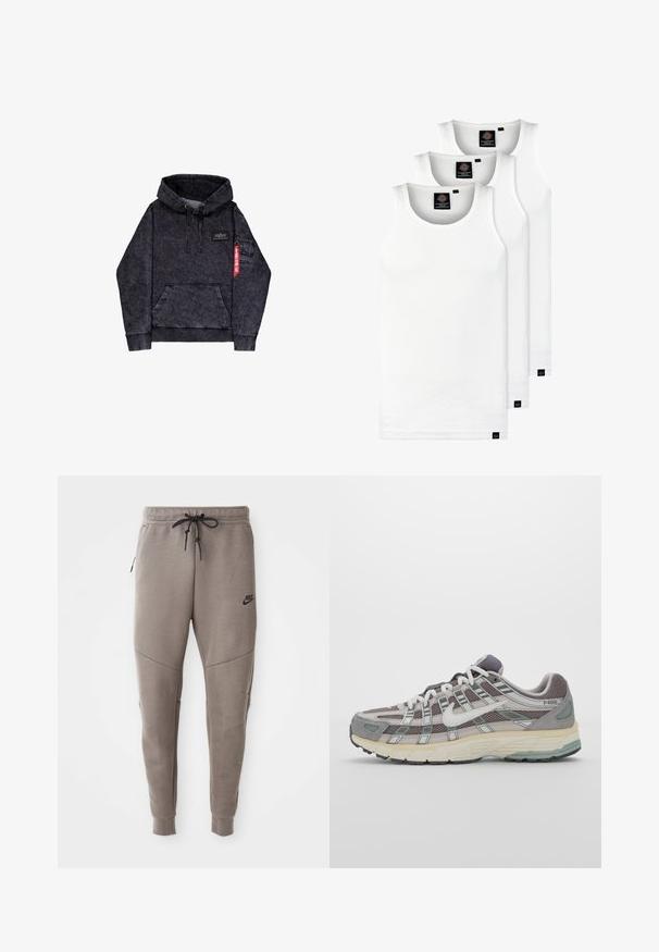 Černá melange mikina s kapsou na klokanka, nastavitelnou kapucí se stahovací šňůrkou, logem na hrudi a boční kapsou s červeným štítkem.; Tři bílé žebrované tílka vyrobené z bavlny. Mají kulatý výstřih a malé černé štítky poblíž lemu. Dostupné v několika velikostech.; Šedé Nike tepláky s elastickým pasem na šňůrku, zúženými nohavicemi, bočními kapsami a charakteristickým švem. Měkká, strukturovaná tkanina.; Šedá sportovní obuv s vrchní částí z mikrovlákna a semiše, bílými akcenty, polstrovanou podrážkou a jedinečným designem s reflexními prvky.