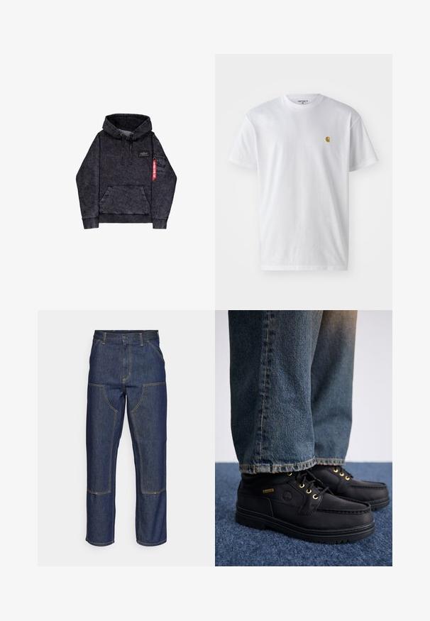 Black melange hoodie with kangaroo pocket, adjustable drawstring hood, logo patch on chest, and side pocket with red tag detail.; White cotton t-shirt with short sleeves, crew neck, featuring a small gold logo on the left chest area. Soft texture and regular fit.; Dark blue denim jeans with a high waist, straight leg design, contrasting stitching, and patch pockets on the front.; Black leather shoes with gold eyelets and a textured finish, paired with blue denim jeans. Shoes feature a layered sole and branding detail.