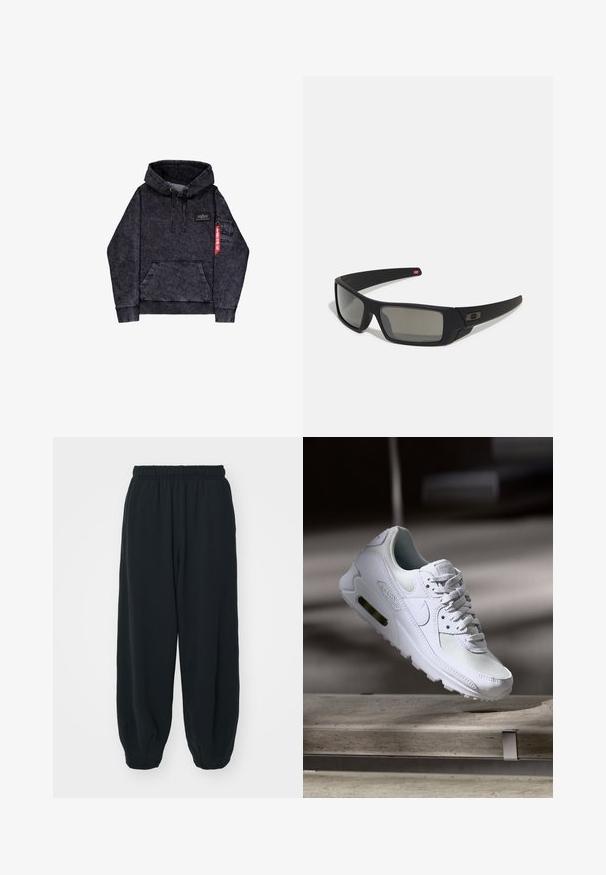 Fekete melanzs kapucnis pulóver kenguru zsebbel, állítható húzózsinórral a kapucnin, logóval ellátott folttal a mellkason és oldalzsebbel, piros címke részlettel.; Fekete, rugalmas derékpántos melegítőnadrág, laza fit, véget érő szárakkal, sima textúrával, látható minták vagy hardver díszek nélkül.; Fehér Nike Air Max 90 sneaker, amely hálós és bőr felsőrésszel, perforált orr-résszel és látható légpárnás egységgel rendelkezik a saroknál.; Fekete napszemüveg matt felülettel, téglalap alakú lencsékkel, enyhe ívvel a templomokon, diszkrét logó részlettel és füstszínű lencsékkel.