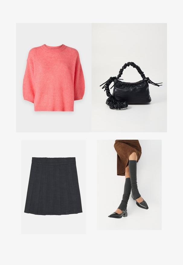 Rosa gestrickter Pullover, runder Ausschnitt, cropped Design, kurze Ärmel, strukturierter Stoff mit lockerer Passform, gerippte Säume und keine sichtbaren Verschlüsse.; Dunkelgrauer, plissierter Rock mit elastischem Bund, aus einem strukturierten Stoff und in klassischer A-Linie. Geeignet für die Freizeit.; Schwarze lacklederne spitze Schuhe mit Blockabsatz und Knöchelriemen, kombiniert mit grauen gerippten Beinstulpen und einem braunen Wildlederrock.; Schwarze Handtasche aus Kunstleder mit Krokodilstruktur, gerafftem oberen Teil und einem geschoppten Tragegurt. Sie wirkt weich und kompakt im Design.