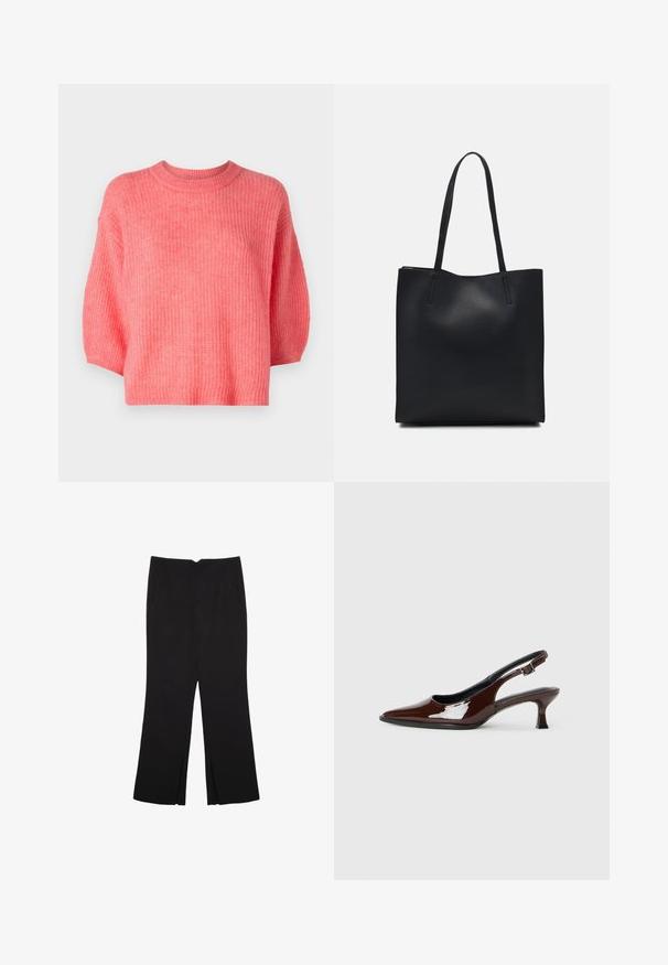 Rosa gestrickter Pullover, runder Ausschnitt, cropped Design, kurze Ärmel, strukturierter Stoff mit lockerer Passform, gerippte Säume und keine sichtbaren Verschlüsse.; Schwarze Hose mit geradem Schnitt, ausgestattet mit Fronttaschen und Seitenschlitzen am Saum. Hergestellt aus weichem, glattem Stoff. Geeignet für verschiedene Anlässe.; Braune Lackleder-Slingback-Schuhe mit spitzer Zehe und moderatem Absatz. Mit einem Schnallenriemen für einen sicheren Sitz. Glatte Textur.; Schwarze Laptoptasche aus Leder mit glatter Textur, rechteckiger Form und zwei langen Griffen. Keine sichtbaren Beschläge oder Verzierungen.