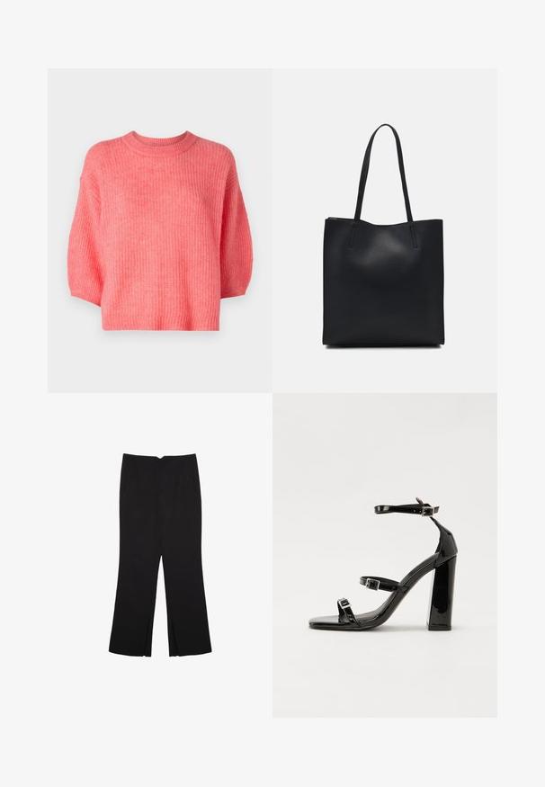 Rosa gestrickter Pullover, runder Ausschnitt, cropped Design, kurze Ärmel, strukturierter Stoff mit lockerer Passform, gerippte Säume und keine sichtbaren Verschlüsse.; Schwarze Hose mit geradem Schnitt, ausgestattet mit Fronttaschen und Seitenschlitzen am Saum. Hergestellt aus weichem, glattem Stoff. Geeignet für verschiedene Anlässe.; Schwarze Lackleder-Sandalen mit hohen Absätzen, zwei Riemen mit Schnallen, quadratischer Zehenpartie und klobigem Blockabsatz, mit einer glatten, glänzenden Textur.; Schwarze Laptoptasche aus Leder mit glatter Textur, rechteckiger Form und zwei langen Griffen. Keine sichtbaren Beschläge oder Verzierungen.