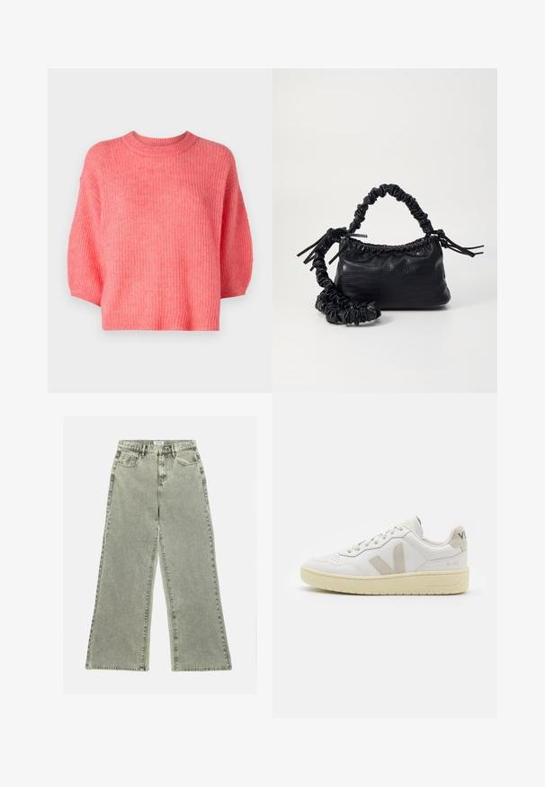 Vaaleanpunainen neulottu villapaita, pyöreä kaula-aukko, lyhyt malli, lyhyet hihat, teksturoitu kangas löysällä istuvuudella, ribatut helmat ja ei näkyviä kiinnityksiä.; Kapeled jeans vaaleanharmaasta denimistä, joissa on korkea vyötärö, etutaskut ja raaka helma. Kulutetut yksityiskohdat lisäävät visuaalista mielenkiintoa.; Valkoiset nahkakengät, joissa on vaaleanruskeat pigmenttisuojat, rei'itetty kärki, litteät nauhat ja teksturoitu kermaisa pohja. Takana on huomaamaton brändäys.; Must-have mustekahvi nahkalaukku krokotiiliaistalla, kiristetty yläosa ja rypistetty hihna. Näyttää pehmeältä ja kompaktilta muotoilultaan.