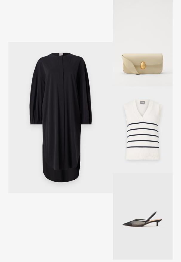 Bijela bezrukava majica s dubokim V-izrezom, mornarsko plave horizontalne pruge i teksturiranim rebrastim rubom na dnu. Oznaka glasi "MM."; Crna haljina od glatkog materijala, s okruglim izrezom, dugim rukavima i bočnim prorezima. Labav kroj s minimalnim detaljima dizajna.; NEOUS IRENA - Klasične cipele s visokom petom - black; Bež kožni ručni torbicu s glatkom teksturom, pravokutnim oblikom i zlatnim ovalnim kopčanjem. Ima dugu, podesivu naramenicu.