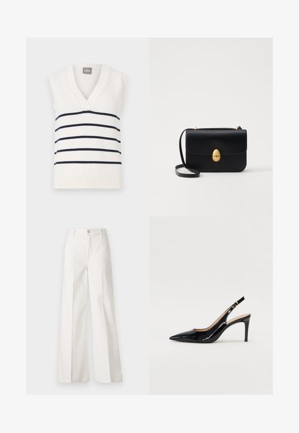 White sleeveless sweater featuring a deep V-neck, navy horizontal stripes, and textured ribbed hem at the bottom. Label reads "MM."; White wide-leg trousers made from cotton with a smooth texture. Features a front button, zipper fly, and four-pocket design.; Black patent leather slingback pump with pointed toe, slim heel, and a subtle cutout design. Features a gold buckle on the strap.; Black leather handbag with a structured rectangular shape. Features a golden oval clasp and a thin shoulder strap. Smooth texture.