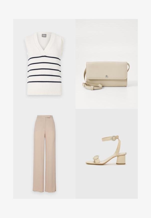 Biały bezrękawnik z głębokim dekoltem w serek, granatowymi poziomymi paskami oraz teksturowanym żebrowanym wykończeniem na dole. Metka z napisem "MM."; Beżowe spodnie o szerokich nogawkach wykonane z lekkiego materiału. Charakteryzują się gładką teksturą, praktycznymi kieszeniami z przodu oraz subtelnym paskiem w talii.; Beżowe sandały na obcasie o minimalistycznym designie, z dwoma okrągłymi akcentami i szerokim obcasem. Wykonane z gładkiej skóry.; Beżowa skórzana torba na ramię z klapką, srebrnymi akcesoriami i odpinanym paskiem. Gładka tekstura i prosty prostokątny kształt.