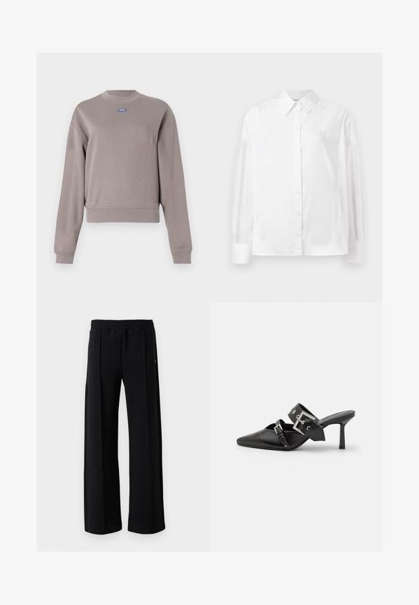 Pelēks, īss krekls ar garām piedurknēm, izgatavots no mīkstas kokvilnas maisījuma, ar apļa kakla izgriezumu. Maza zila zīmola emblēma uz krūtīm.; Balta, garām piedurknēm, ar pogām aizpogājama krekla no gludas kokvilnas šķiedras. Tam ir klasiskā apkakle, priekšējā aizpogājamā daļa un noapaļotas aproces.; Melni taisni bikses ar elastīgu jostasvietu un smalku teksturētu rakstu visa auduma garumā uz baltas fona.; Melnas augstpapēžu mūles ar norādītu purngalu, izgatavotas no gludas ādas. Iekļauj plašu potītes siksnu ar kvadrātveida sudraba sprādzi un kniedēm.