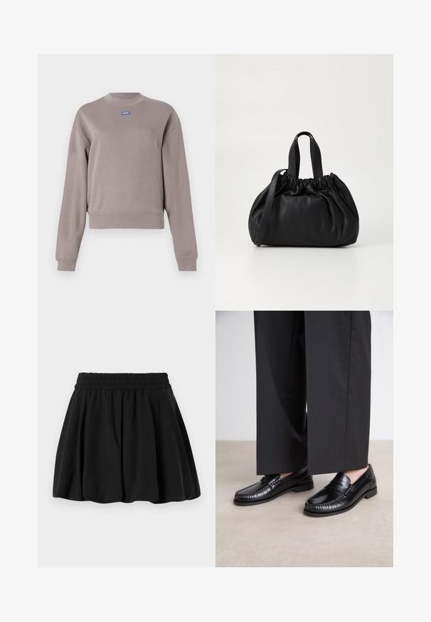 Grijze, cropped sweatshirt gemaakt van een zachte katoenmix, met een ronde hals en lange mouwen. Klein blauw merklogo op de borst.; Zwarte rok met een geraffineerde tailleband, uitlopende ontwerp en zachte textuur. Gladde stof zonder zichtbare patronen of hardwaredetails.; Zwarte leren instappers met een gladde afwerking, gestikte details rond de teen en een lage rubberen zool. Gepaard met brede zwarte broeken.; Zwarte leren handtas met een geplooid ontwerp aan de bovenkant, voorzien van twee korte handvatten en een lange verstelbare schouderband. Gladde textuur, ronde vorm.