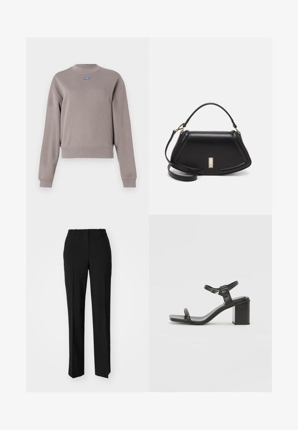 Pilkas, trumpas džemperis iš minkštos medvilnės mišinio, turintis apvalią apykaklę ir ilgomis rankovėmis. Mažas mėlynas prekės ženklo logotipas ant krūtinės.; Juodi pritaikyti kelnių modeliai su tiesiomis kojomis, pasižyminčios lygiomis tekstūromis ir ryškiomis klostėmis priekyje. Nėra matomų detalių.; Juodas odinis blokinis kulnas sandalas su plačia juostele per pirštus ir reguliuojama kulkšnies juostele, pasižymintis elegantišku, minimalistiniu dizainu.; Juoda odinė rankinė su struktūrizuotu dizainu, turi trumpą formą, viršutinę rankeną ir auksinius akcentus. Pridėtas reguliuojamas peties diržas.