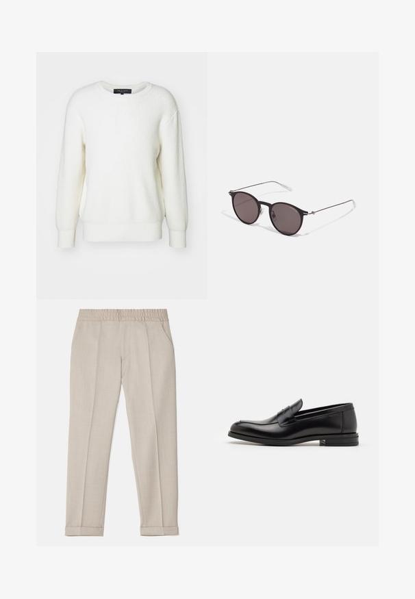 rag & bone CREW IN ZUMA - Jumper - ivory; Filippa K TERRY CROPPED TROUSERS - Trousers - sage melange; Black leather loafers with a smooth texture, rounded toe, and a decorative strap across the vamp. Low stacked heel, minimalist design.; Black round sunglasses with dark lenses and slim metal arms. Includes clear temple tips and silver accents at the hinge. Minimalist design.