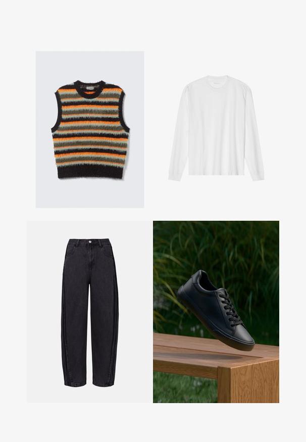 Sleeveless fuzzy knit vest with horizontal stripes in black, orange, olive green, and light gray, featuring a round neckline.; Long-sleeve white cotton t-shirt with a crew neck and ribbed cuffs. Simple, unembellished design, featuring smooth texture and standard fit.; Black wide-leg jeans made of denim with a smooth texture. Features a high waist, front pockets, and button closure at the waistband.; Black leather sneaker with a smooth texture, round toe, and flat laces, positioned above a wooden surface with green grass in the background.