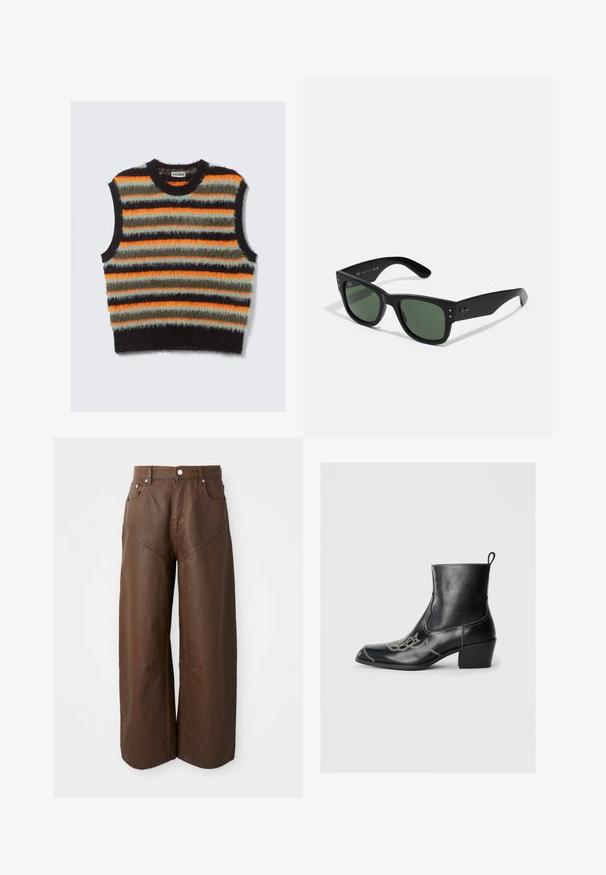 Mugursistējo bez piedurknēm fuzzy adījuma veste ar horizontālām svītrām melnā, oranžā, olīvzaļā un gaiši pelēkā krāsā, kas piedāvā apaļu kakla izgriezumu.; Plaši brūni ādas bikses ar piecām kabatām un pogu aizdari, izliktas uz vienkārša baltā fona.; Melnas ādas potītes zābaki ar kvadrātveida purngaliem, dekoratīvu dūrienu un zemu blokveida papēdi. Iekļauts vilkšanas cilpiņa vieglai uzvilkšanai.; Melni taisnstūra saulesbrilles ar zaļiem stikliem, matēta apdare, smalki aparatūras akcenti un iegravēts logo uz tempļa.