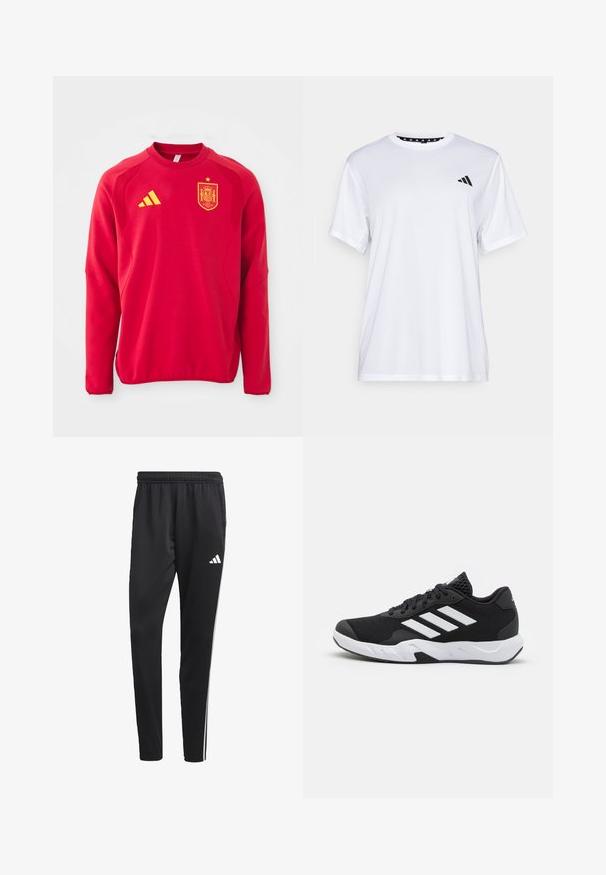 Červená mikina s dlouhými rukávy, kulatým výstřihem, texturovanými ramenními panely, žlutým logem Adidas a žlutým znakem španělské národní reprezentace.; Bílý sportovní tričko s krátkými rukávy, vyrobené z materiálu odvádějícího vlhkost. Na levé straně hrudi se nachází černé logo a vnitřní límec je vzorovaný.; Černé sportovní kalhoty s elastickým pasem, bílými bočními pruhy a malým bílým logem na stehně. Vyrobené z hladkého, lehkého materiálu.; Černé sportovní boty s texturovaným síťovaným svrškem, bílými akcentními pruhy, polstrovanou podrážkou a vyztuženým patem pro podporu.
