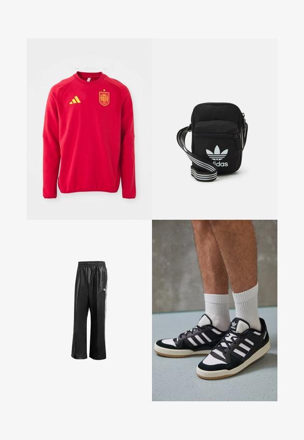 Felpa rossa con maniche lunghe, collo rotondo, pannelli sulle spalle texture, logo Adidas giallo e stemma della nazionale spagnola giallo.; Pantaloni da corsa neri in materiale sintetico con vita elasticizzata, caratterizzati da strisce laterali bianche e un piccolo logo bianco sull'anca sinistra.; Sneaker bianco e nero con tomaia in suede e pelle, caratterizzati da tre strisce bianche, punta perforata e suola in gomma naturale.; Borsa a tracolla in tessuto nero con chiusura a zip, caratterizzata da un logo Adidas bianco e una tracolla regolabile a righe per un facile trasporto.