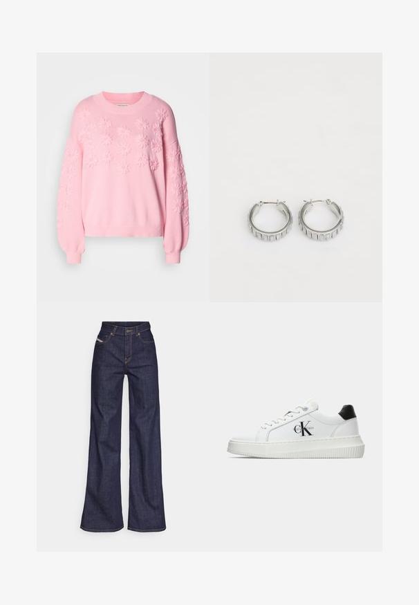Rozā adīts džemperis ar paceltu ziedu rakstu priekšā un uz piedurknēm. Iespējas ribota apkakle un piedurkņu maliņas. Mīksta tekstūra, brīvs piegriezums.; Tumši zili platleņķa džinsi no denima auduma ar augstu jostasvietu, ar oranžām šuvēm, piecu kabatu dizainu un pogu aizdari.; Baltā zema topa sporta apavas ar melnu papēža cilni, platformas zoli, auklēm un Calvin Klein "CK" logo sānos.; Sudraba gredzena auskari ar faktūras dizainu, kas ietver vertikālas rievas. Apaļa forma ar drošu aizdari. Gluda apdare.