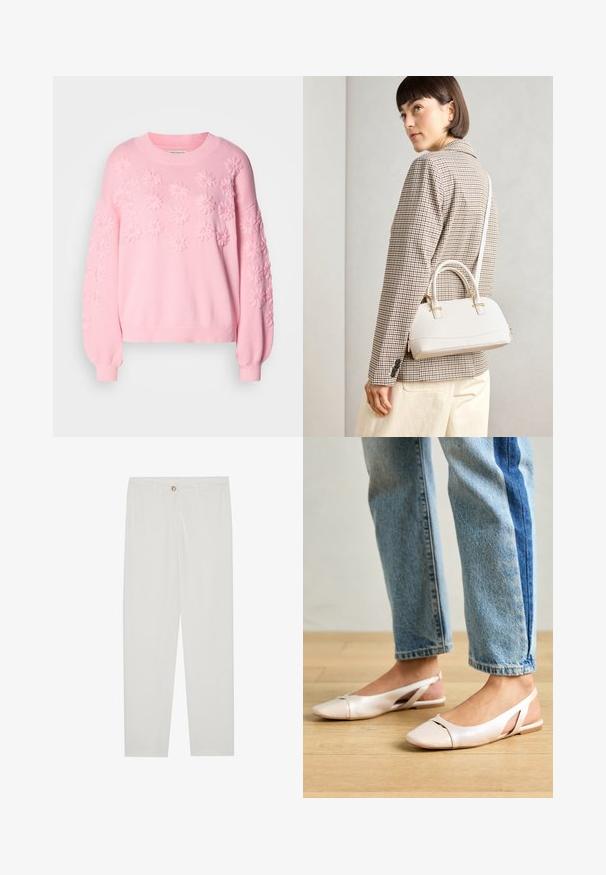 Rózsaszín kötött pulóver kiemelkedő virágmintával az elején és a ujjakon. Bordás mandzsettákkal és nyakkivágással rendelkezik. Puha tapintású, laza fazon.; Fehér, testreszabott nadrág egyenes szárú szabással, gombos záródással, övcsatolókkal és oldalsó zsebekkel; sima textúrájú anyag.; Világos rózsaszín slingback laposlábú cipők, hegyes orral, sima bőrhatású anyagból készült. Oldalt kivágott részletek találhatók rajta, valamint lapos sarkú.; Fehér, strukturált kézitáska rövid füllel és vállpánttal, arany színű fém kiegészítőkkel és texturált anyagból, szürke háttér előtt bemutatva.