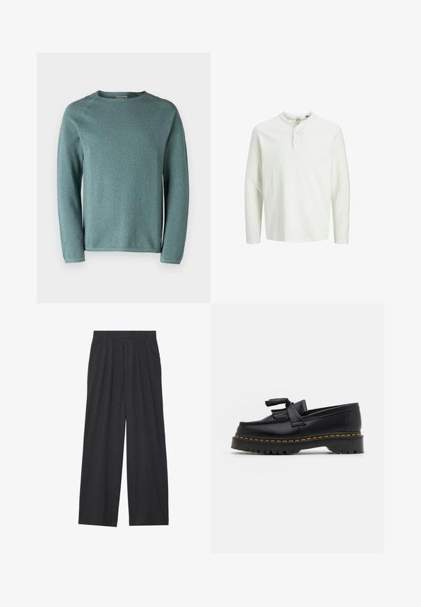 Jack & Jones JJEHILL CREW NECK - Džemperis - goblin blue; Balts garām piedurknēm henley krekls ar trim pogām un apaļu kakla izgriezumu, izlikts uz vienkārša balta fona.; Platas piegriezuma bikses no tumši pelēka auduma. Iezīmes - izgriezumi jostasvietā, veidota forma un taisna silueta.; Melnas ādas mokasīni ar pērlītēm uzsvaru, ar masīvu melnu zoli un dzeltenu šuvumu gar malu. Ar teksturētu apdari.