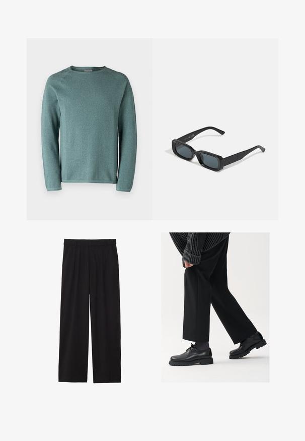 Jack & Jones JJEHILL CREW NECK - Svetr - goblin blue; Černé široké kalhoty s skladaným předním dílem, bočními kapsami a hladkou texturou tkaniny. Navrženy pro pohodlný střih.; Černé kožené boty s kulatou špičkou, šněrovací design a silnou strukturovanou podrážkou. Noseny s dobře padnoucími černými kalhotami a žebrovaným svetr.; Černé obdélníkové sluneční brýle s tmavými skly. Lesklý rám, rovné nožičky s mírným zakřivením. Minimalistický design, bez ozdob.