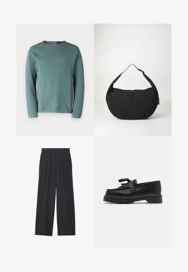 Jack & Jones JJEHILL CREW NECK - Džemperis - goblin blue; Tamsiai pilkos spalvos plačios kojos kelnės. Su klostėmis ties juosmeniu, pritaikyta konstrukcija ir tiesi siluetas.; Juodas odinis loaferis su kutais, turintis masyvų juodą pado ir geltonus siūlus palei kraštą. Textūruota danga.; Juodas audinio peties maišas su kreiviu pavidalu, turintis vieną dirželį ir užtrauktuku uždaromą. Minkšta tekstūra, minimalistinis dizainas.