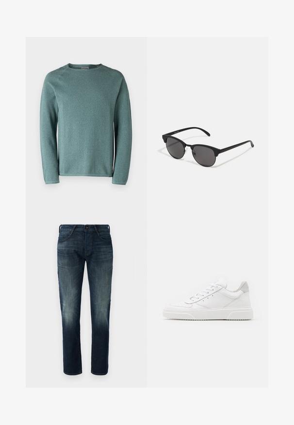 Jack & Jones EHILL CREW NECK - Strikkegenser - goblin blue; Mørkeblå straight-leg denimjeans med lett falming på lårene og knærne, foran knapp og glidelås, og fem-lommers stil.; Hvite skinnsko med en glat overflate, rund tå, flate lisser og teksturert såle. Grå semsket innfelt ved hælen.; Sorte solbriller med runde linser, matt finish og karakteristisk katteøyeform. Slanke armer med subtil merking på venstre tempel.