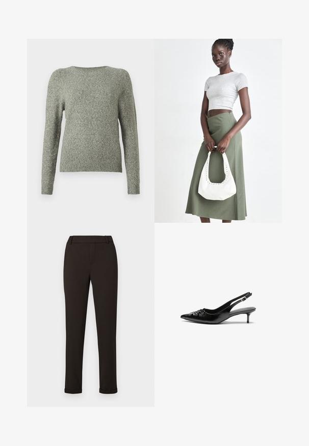 Long-sleeve crewneck sweater in soft gray knit fabric with ribbed cuffs and hem, displayed against a plain white background.; Black slim-fit trousers with belt loops and cuffs against a plain white background.; Black leather slingback heels with a pointed toe, low kitten heel, and gathered detail on the vamp. Smooth texture and minimalist design.; Gray ribbed crop top and olive green high-waisted skirt. Model holds a white shoulder bag with cut-out detailing. Simple design, fitted silhouette.