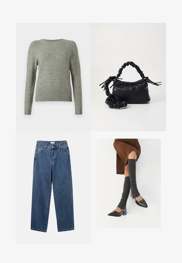 Lange mouw crewneck sweater in zacht grijs gebreide stof met geribde boorden en onderkant, weergegeven tegen een effen witte achtergrond.; Klassieke blauwe denim jeans met een rechte pijp, vijf zakken en een knoopsluiting. Heeft een middelgrote wasbeurt en stevige textuur.; Zwarte gepatineerde leren pumps met een puntige neus, een blokhak en een enkelbandje, gecombineerd met grijze geribde beenwarmers en een bruine suède rok.; Zwarte nepleer handtas met een krokodillenstructuur, opgedroogde bovenkant en een gekreukte hengsel. Het lijkt zacht en compact van ontwerp.