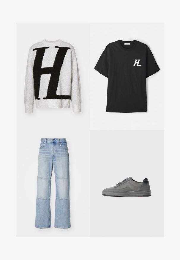 Szürke kötött pulóver, melynek elülső részén egy nagy fekete "H" található, bordázott mandzsettákkal és nyakkal. Puha tapintású, laza illeszkedésű kialakítással.; Fekete pamut póló rövid ujjakkal, bal mellen fehér "HL" logóval. Normál fazon, sima tapintás és klasszikus kerek nyakú kialakítás.; Világoskék farmernadrág széles lábszárral, kontrasztos panelek és látható varrások jellemzik. Magas derekú, gombos záródással.; Szürke sportcipők texturált anyagból, lapos kialakítással, kerek orral, fűzős zárással és sötétkék sarokkiemeléssel.