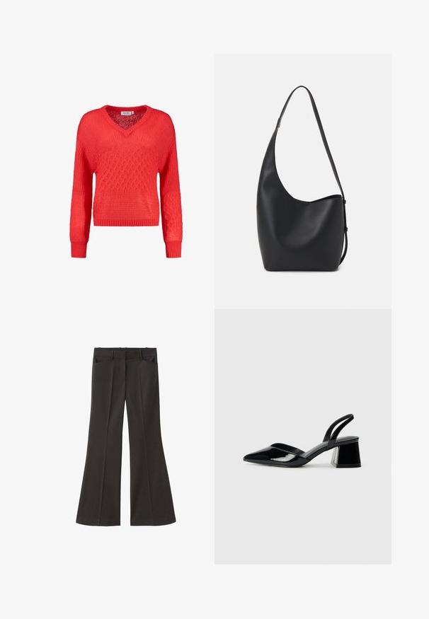 Roter Strickpullover mit V-Ausschnitt, langen Ärmeln, strukturierten Mustern sowie gerippten Bündchen und Saum. Leicht und lässiges Design.; Schwarze, weit geschnittene Hosen mit hoher Taille; verfügt über zwei Fronttaschen und eine glatte Stoffoberfläche. Geeignet für verschiedene Anlässe.; Schwarze Lackleder-Slingback-High Heels mit spitzem Schuh und einem geometrischen Blockabsatz. Verfügt über ein schlankes, minimalistisches Design und eine glatte Textur.; Schwarze Leder-Hobo-Tasche mit einer glatten Textur, geschwungener Form und einem einzelnen verstellbaren Tragegurt; verfügt über eine weite Öffnung am oberen Ende.