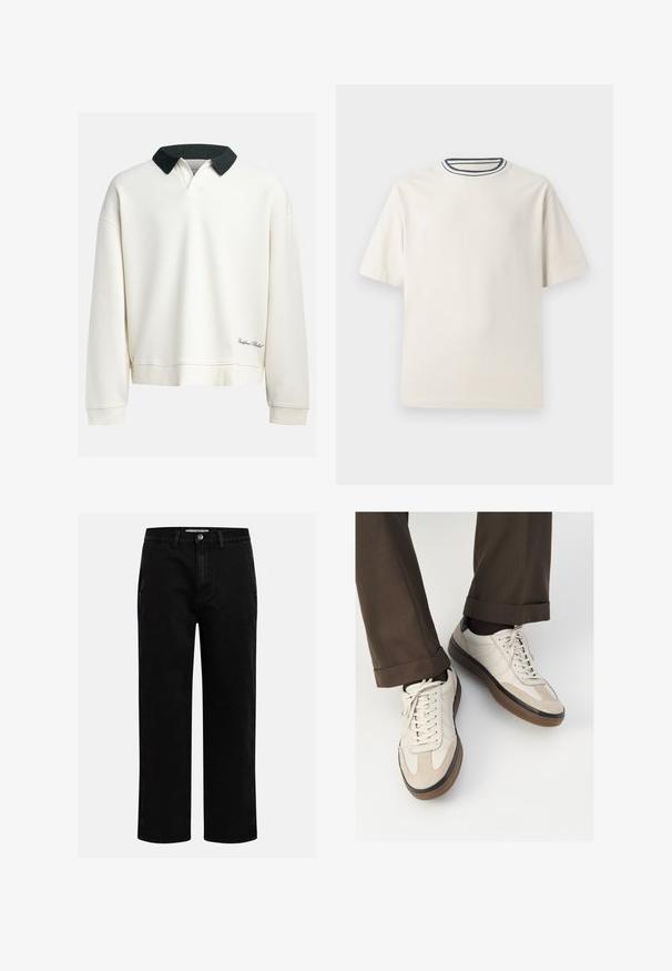 Crew-neck pullover in off-white cotton with a contrasting dark green collar. Features ribbed texture and embroidered logo near the hem.; Cream-colored cotton t-shirt with short sleeves, featuring a round neckline accented by navy and white stripes. Smooth texture, relaxed fit.; Black denim pants with a straight-leg cut, classic five-pocket design, and a button closure at the waist. Smooth texture and durable fabric.; Beige sneakers with a textured suede front, smooth leather sides, and a brown rubber sole. Laces and light stitching detail included.