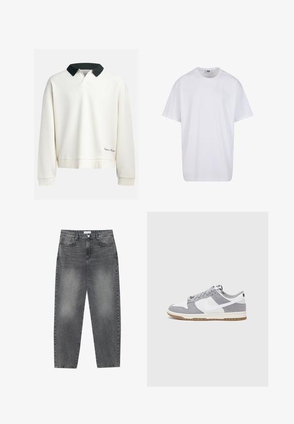 Pull-over col rond en coton blanc cassé avec un col en contraste vert foncé. Présente une texture côtelée et un logo brodé près de l'ourlet.; T-shirt en coton blanc avec des manches courtes, un col rond, une coupe décontractée et sans logos ni motifs visibles. Texture lisse et design minimaliste.; Jean taille haute, décontracté en denim noir délavé. Comprend cinq poches, des passants de ceinture et un design de jambe droite épurée.; Baskets grises et blanches avec un dessus en suède et cuir, bout rond, lacets plats et semelle en caoutchouc avec une touche de gomme.