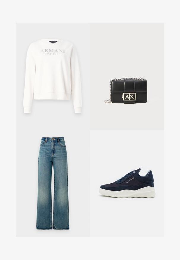 Sudadera blanca con el texto "ARMANI EXCHANGE" en plata metálico. Cuello redondo, mangas largas y puños y dobladillo acanalados.; Jeans de mezclilla de tiro alto y pierna ancha de color azul claro, con cinco bolsillos y dobladillos ligeramente deshilachados, que exhiben un acabado texturizado y desgastado.; Zapatillas de gamuza azul marino oscuro con suelas de goma blanca, puntera redondeada y diseño de cordones. Presenta un detalle de logo en el lado y acentos texturizados.; Bolso de mano de cuero negro con diseño acolchado, cadena plateada y un prominente logo "AX" en la parte frontal. Forma rectangular compacta.