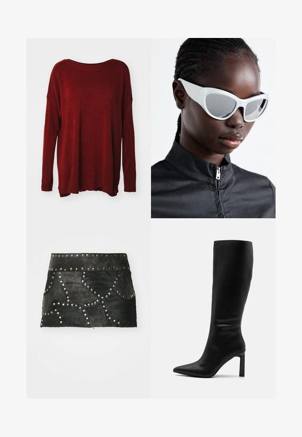 Red knit sweater featuring a wide neckline, long sleeves, relaxed fit, and ribbed cuffs. Smooth texture with a slight sheen.; Black leather skirt with decorative silver studs and curved stitching. Features a fitted waist and a hemline that sits above mid-thigh.; Even&Odd Boots - black; White sunglasses with a bold, oversized design and mirrored lenses, featuring smooth plastic frames and accentuated curves.; Silver hoop earrings with a polished finish, featuring a circular design and seamless hinges, displaying a smooth texture.