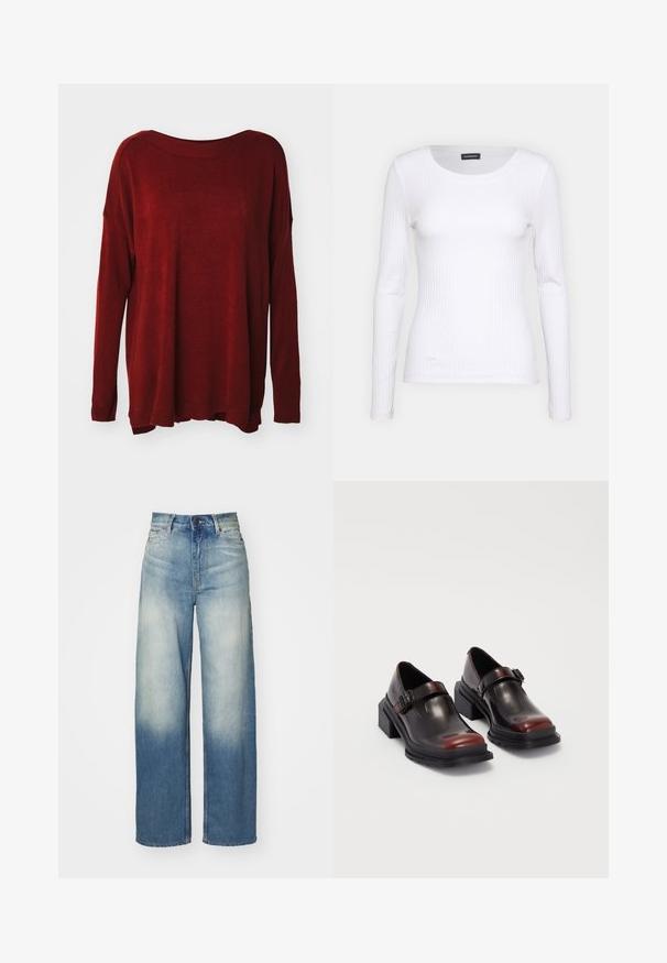 Rode gebreide trui met een wijde halslijn, lange mouwen, een losse pasvorm en geribbelde boorden. Gladde textuur met een subtiele glans.; Witte geribbelde langemouwen top met een ronde halslijn. Gemaakt van een rekbare stof die het lichaam volgt. Heeft subtiele horizontale lijnen.; Lichtblauwe wijdvale jeans met een hoge taille, gemaakt van denim, voorzien van een vervaagde verloop, vijf zakken en metalen hardwareaccenten.; Leren blokhak schoenen met een glanzende donkerburgundy afwerking, voorzien van een gespstrap en een rond neusstuk. Getextureerde zool voor grip.