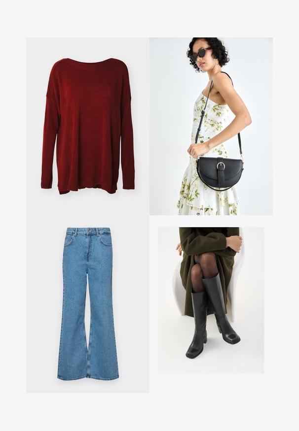 Rdeča pletena jopica z širokim izrezom, dolgimi rokavi, sproščenim krojem in rebrastimi manšetami. Gladka tekstura z rahlim sijajem.; Svetlo modri razširjeni džins hlače iz denima, z visokim pasom, petimi žepi in enim gumbom za zapiranje. Mehka tekstura z blagim zbledelim videzom.; Črne usnjene čevlje do kolen s kvadratnim prstom in blok peto, prikazani na modelu, ki sedi v olivno zeleni plašču. Gladka tekstura, minimalne podrobnosti.; Črna usnjena torbica s ukrivljeno obliko, z odstranljivo naramnico in zlatimi dodatki. Torbica ima pokrov s podrobnostmi v obliki zaponke.