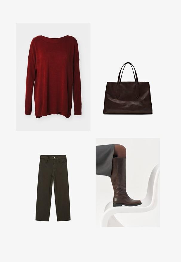 Czerwona dziergana sweter z szerokim dekoltem, długimi rękawami, luźnym krojem i ściągaczami. Gładka tekstura o delikatnym połysku.; Ciemnozielone spodnie dżinsowe typu wide-leg wykonane z mieszanki bawełny, z zamkiem na guzik z przodu, pięcioma kieszeniami i klasycznym przeszyciem dżinsowym.; Brązowe skórzane wysokie buty do kolan z okrągłym noskiem, gładką fakturą i minimalnymi detalami przeszycia, ustawione na jasnym tle na białym krześle.; Massimo Dutti - Torebka