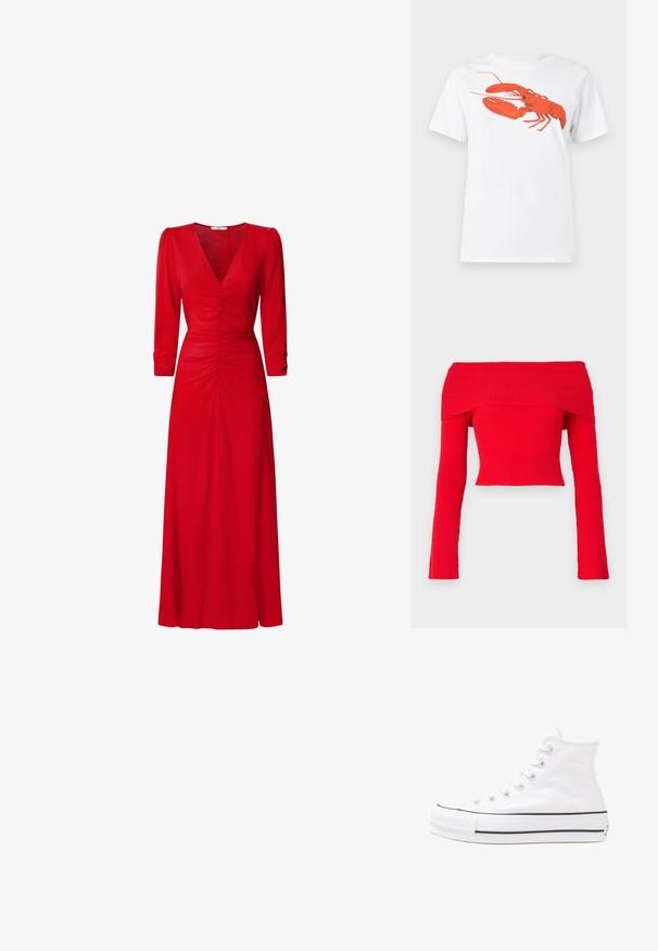 Piros, bordázott, vállnélküli cropped top, hosszú ujjakkal és testhezálló fazonnal. Az anyag texturált felületű és széles nyakkivágása van.; Fehér pamut póló, amelyen elöl egy nagy, élénkpiros homár grafika látható. Rövid ujjú és standard környakú kialakítás.; Piros ruha V kivágással, háromnegyedes ujjakkal és gyűrt részletekkel a derékrészen és a háton. Az anyag simának és könnyűnek tűnik.; Fehér magaskorsó vászon sportcipő fekete gumi talppal, elülső gumi orrnyereggel és hat fűzőlyukkal, letisztult, minimalista dizájnnal.; Piros bőr kézitáska szögletes, geometrikus kialakítással. Egy állítható pánttal és varrott részletekkel ellátott fedélzárral rendelkezik.