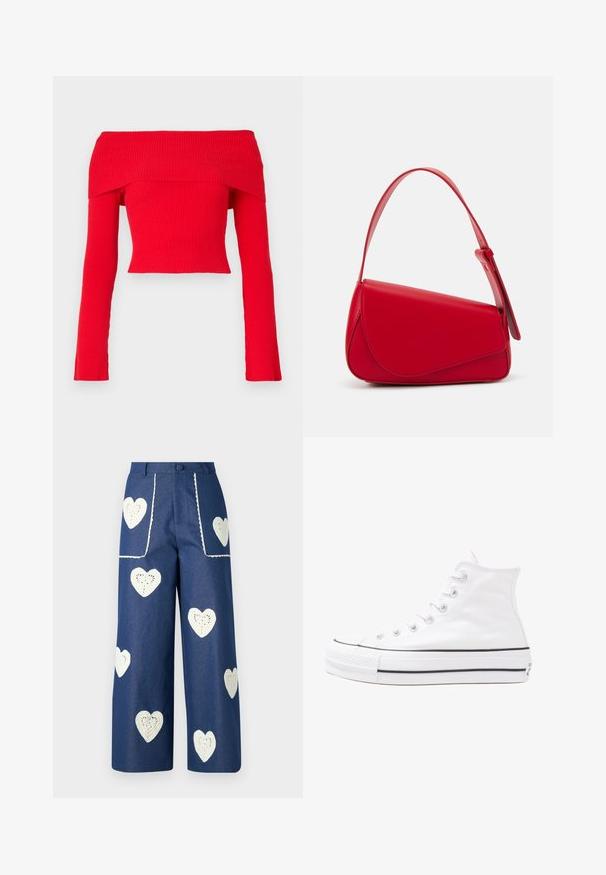 Rotes, geripptes, schulterfreies Crop-Top mit langen Ärmeln und taillierter Passform. Der Stoff hat eine strukturierte Oberfläche und einen weiten Ausschnitt.; Sister Jane HEART TO HEART - Jeans Straight Leg - blue denim; Weiße hochwertige Leinensneaker mit schwarzer Gummisohle, vorderem Gummizehenschutz und sechs Ösen für Schnürsenkel, die ein sauberes, minimalistisches Design aufweisen.; Rote Lederhandtasche mit einem kantigen, geometrischen Design. Verfügt über einen verstellbaren Schulterriemen und einen Klappenverschluss mit genähten Details.