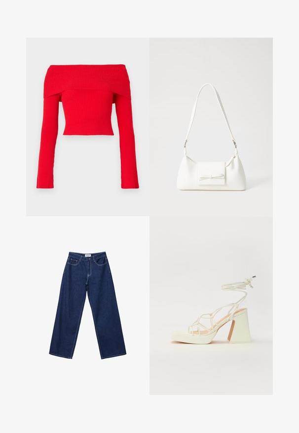 Červený rebrovaný crop top s dlhými rukávmi a off-shoulder dizajnom, ktorý je priliehavý. Tkanina má štruktúrovaný povrch a široký výstrih.; Široké tmavomodré džínsy s gombíkovým zapínaním, piatimi vreckami a kontrastným bielym šitím. Tkanina má hladký, mierne textúrovaný povrch.; Biele sandále na vysokom opätku s hrubým podpätkom, s pruhovaným dizajnom a viazaním na členku. Hladký povrch s platformou vpredu pre zvýšenú výšku.; Biela syntetická kabelka s trojuholníkovým tvarom, plochým predným klapkou a detailom mašle, nastaviteľným popruhom, hladkou textúrou a minimalistickým dizajnom.