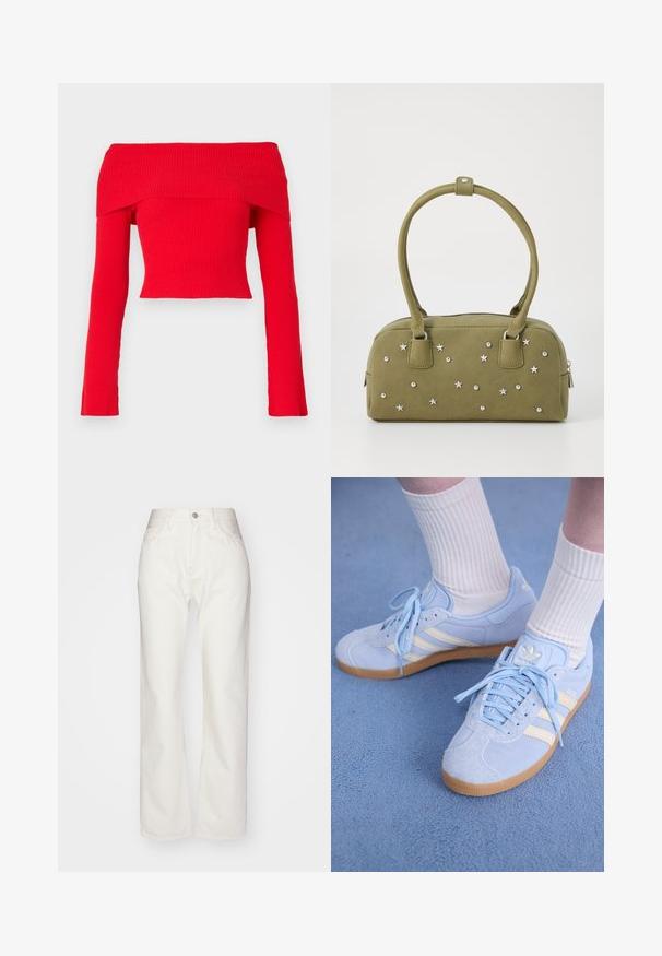 Sarkans ribotu plecu bez piedurknēm kroplis ar garām piedurknēm un pieguļošu dizainu. Audumam ir teksturēta apdare un plata piegriezuma kakla izgriezums.; Baltās denima bikses ar augstu vidukli un plašu piegriezumu. Iezīmējas ar pogu un rāvējslēdzēja aizdari, jostu cilpiņām un smalkiem šķiedru akcentiem.; Gaiši zila zamšādas sporta apavi ar baltām svītrām, plakaniem šņorēm un gumijas zoli. Virs potītes ir uzvilktas ribotas baltas zeķes.; Olīvu zaļa mākslīgā zamšādas soma ar sudraba zvaigžņu un studu rotājumiem. Iekļauj divas īsas rokturus un rāvējslēdzēju augšā.